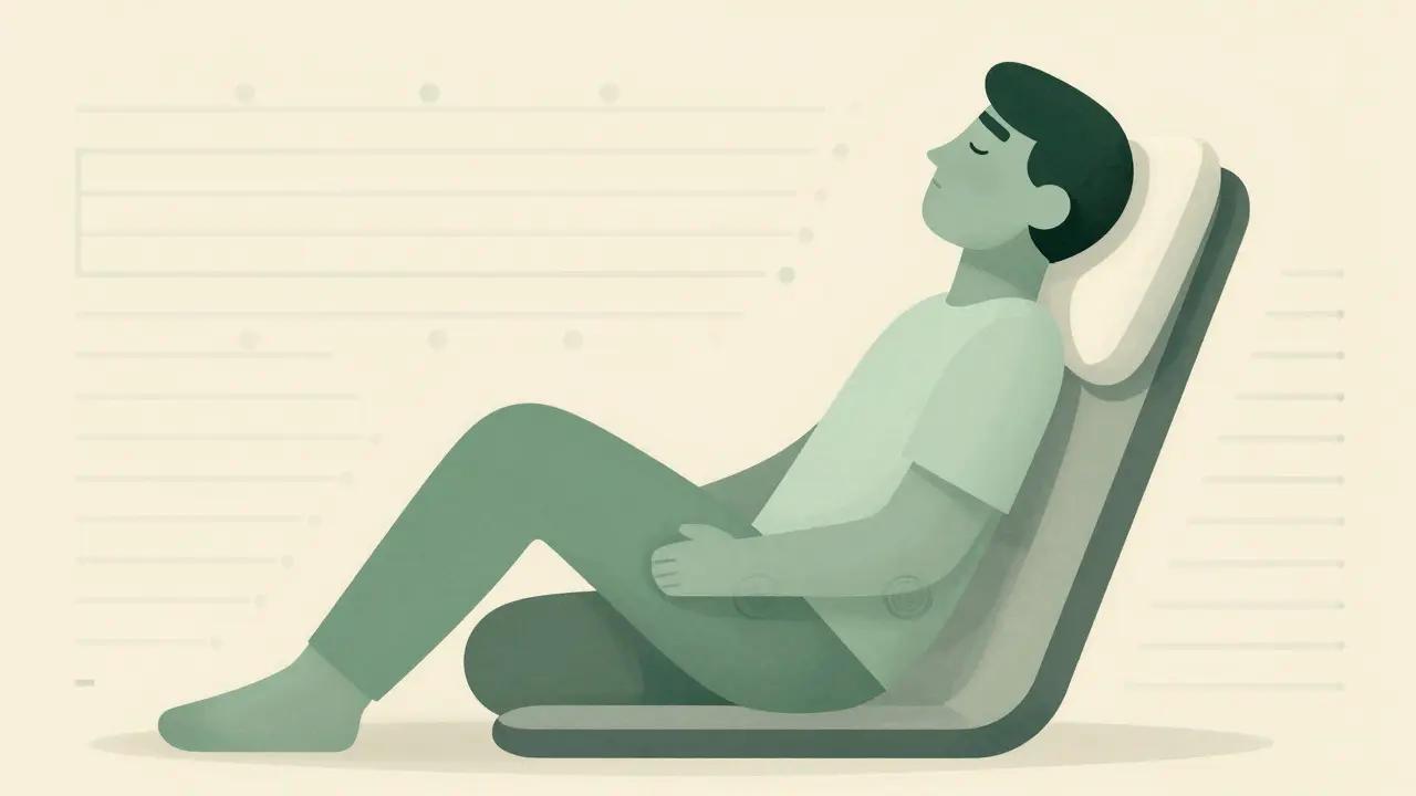 Illustration of a person sitting upright with an elevated pillow for comfort