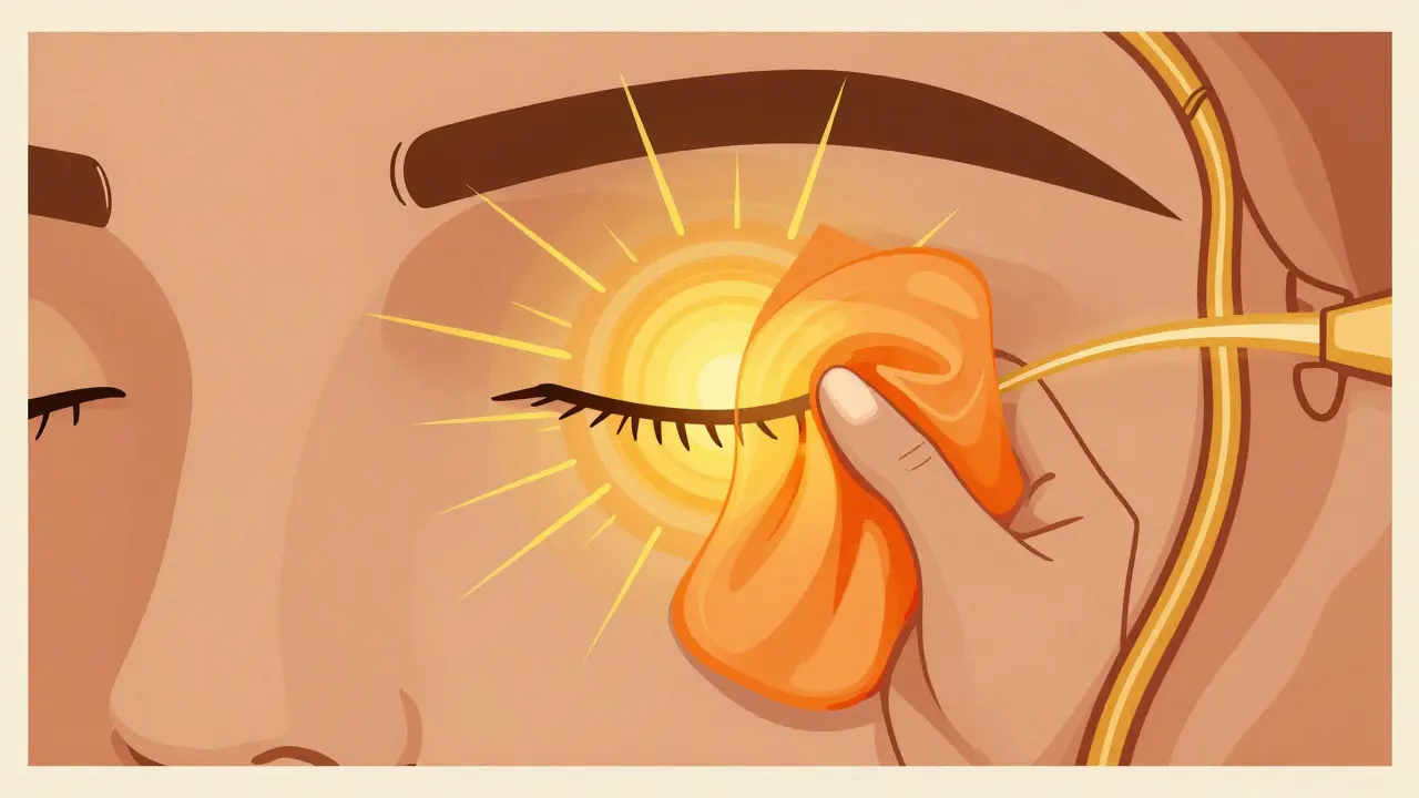 Illustration of a warm compress being applied to an eye to soften oils