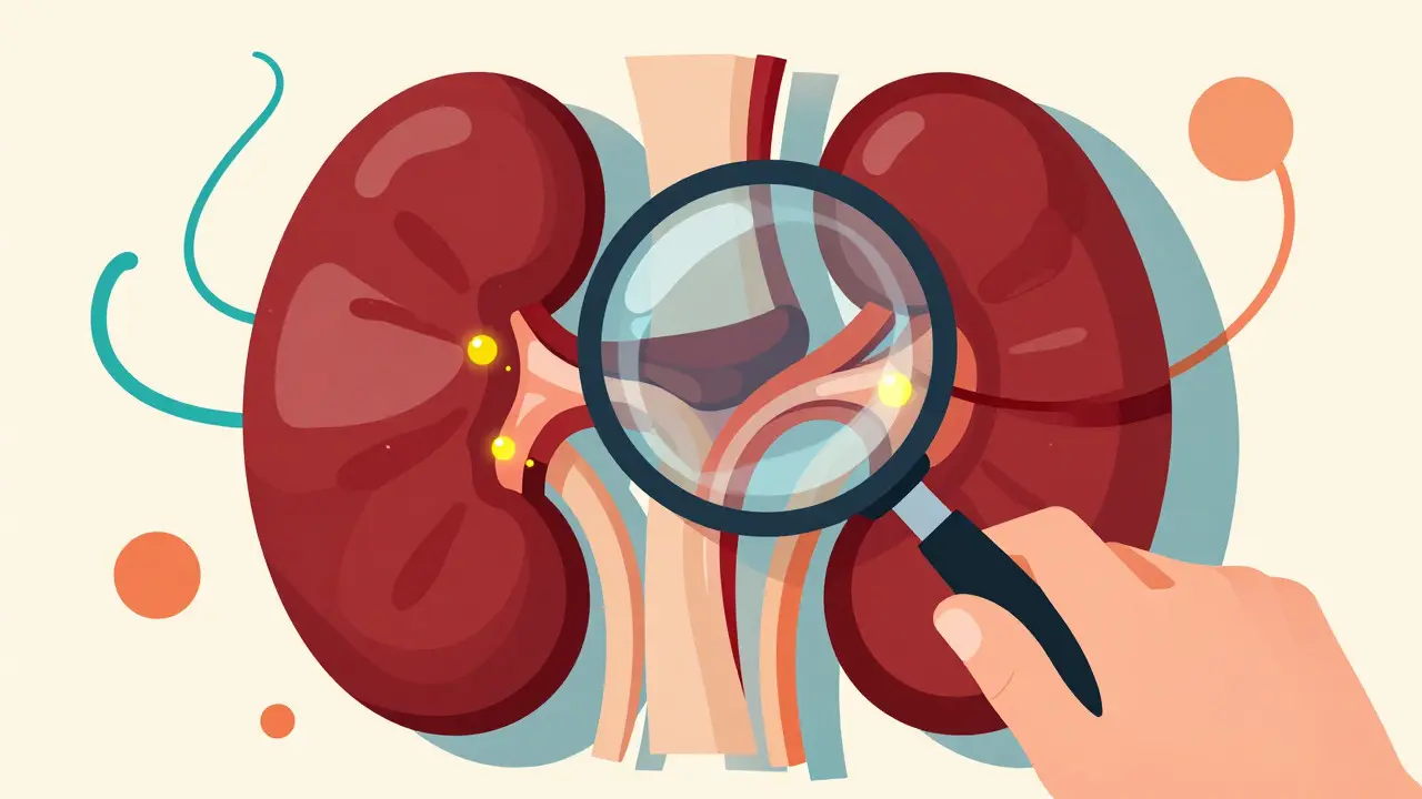 Illustration of kidneys under magnification with glowing potassium indicators