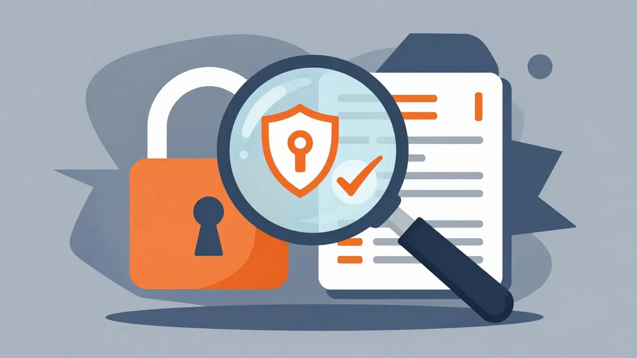 Magnifying glass inspecting online pharmacy security and license symbols