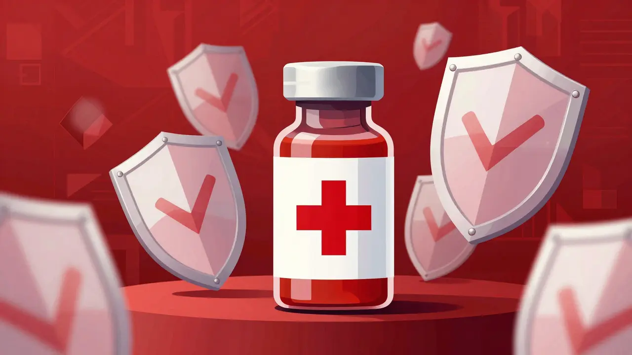 Medicine bottle protected by floating shields in bold red tones