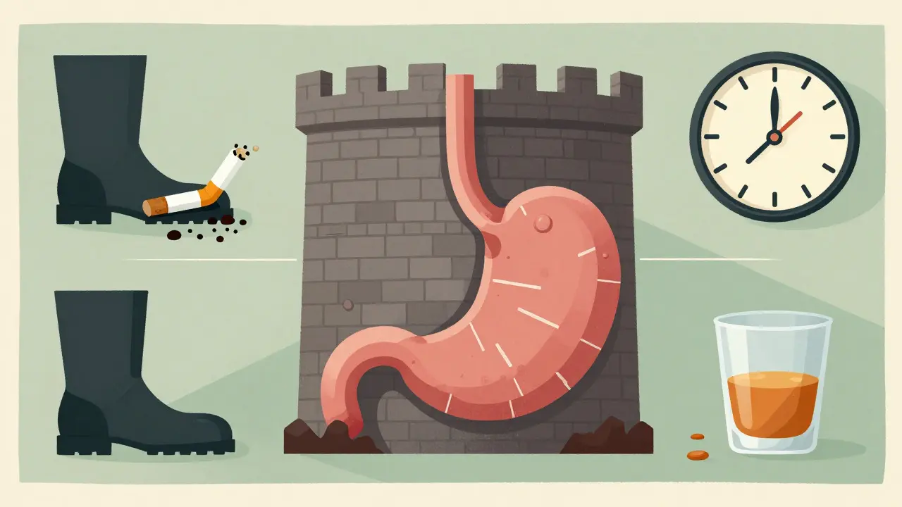 Poster-style art depicting lifestyle changes aiding ulcer healing