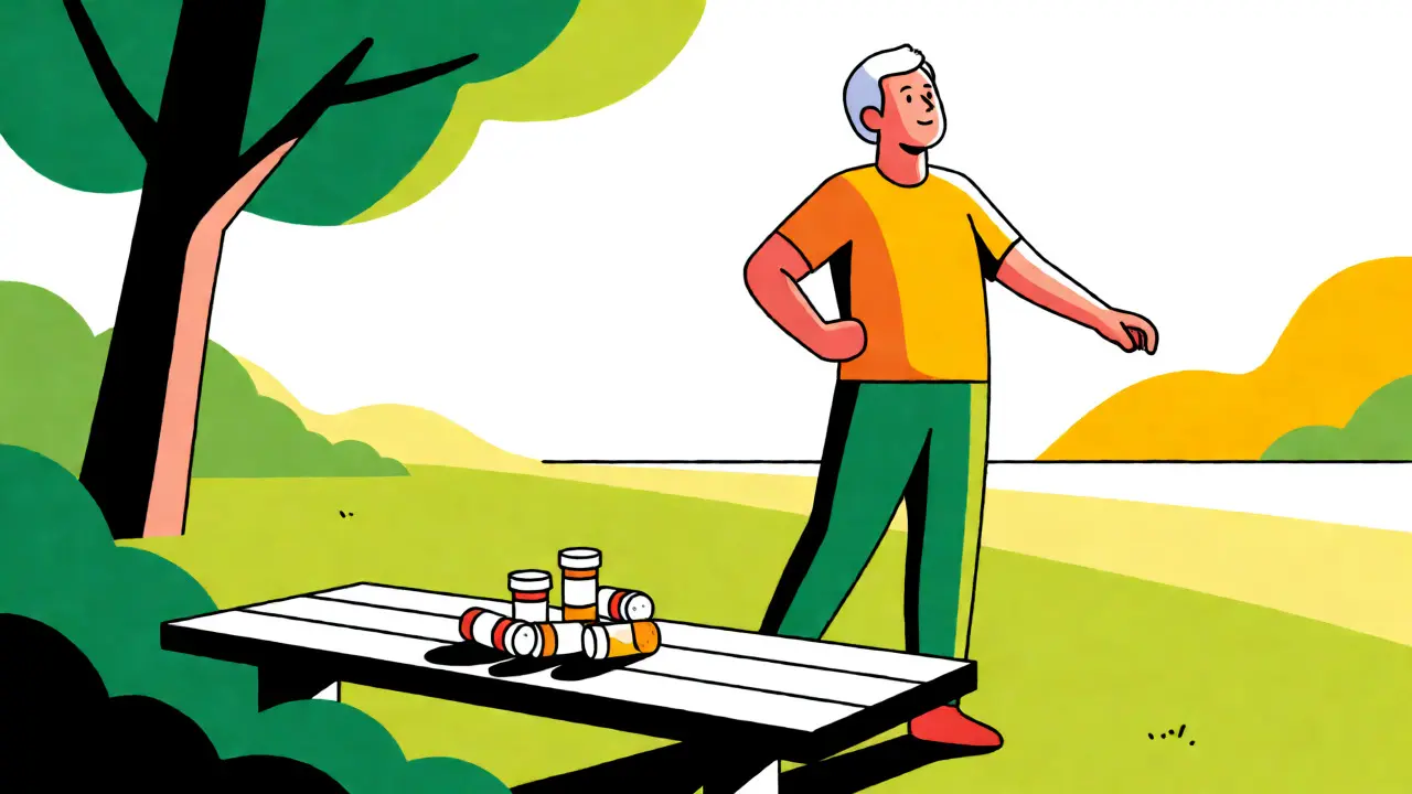 Senior adult walking away from discarded pill bottles in a bright park setting.