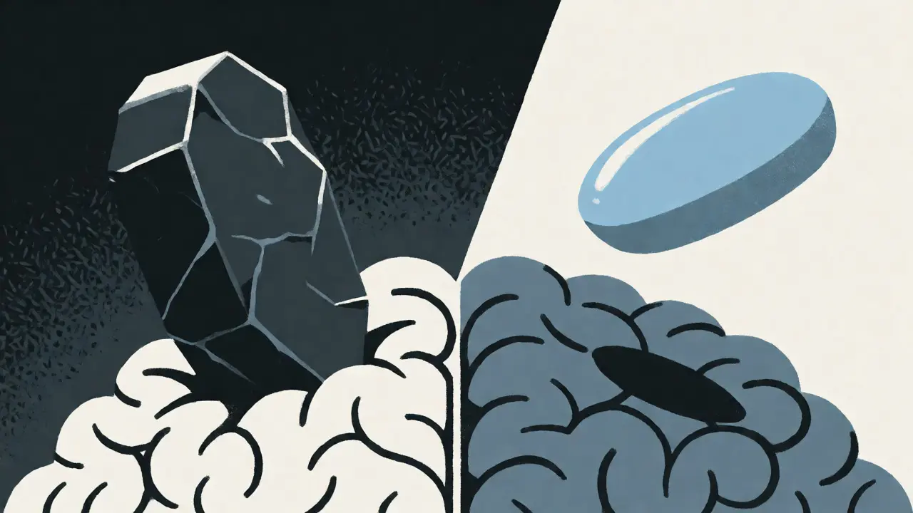 Stylized comparison of heavy dark pills versus light floating pills over a brain shape.