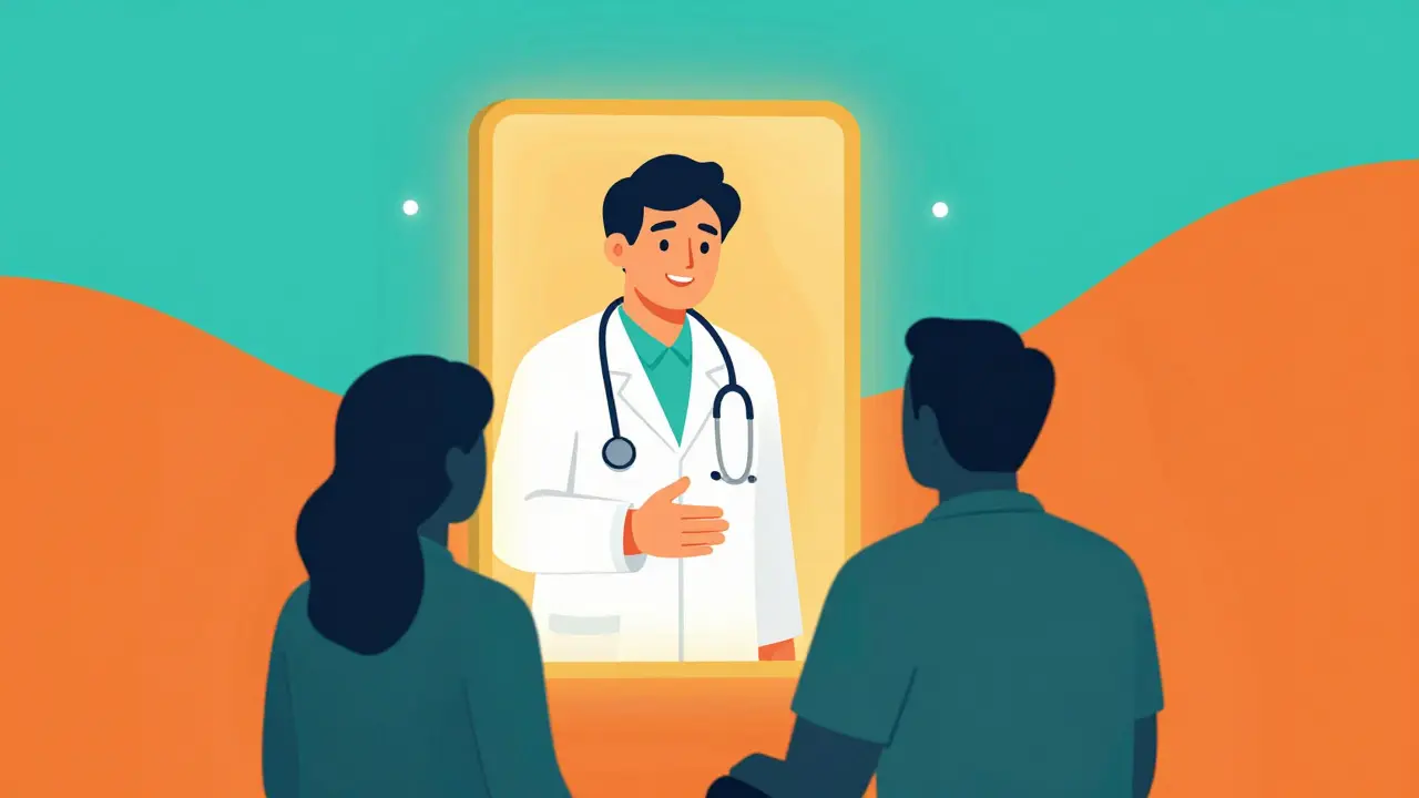 Stylized doctor reaching out from a glowing portal to help patient