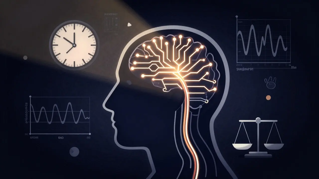 Stylized head with neural pathways and diagnostic symbols illustrating sleep disorder analysis