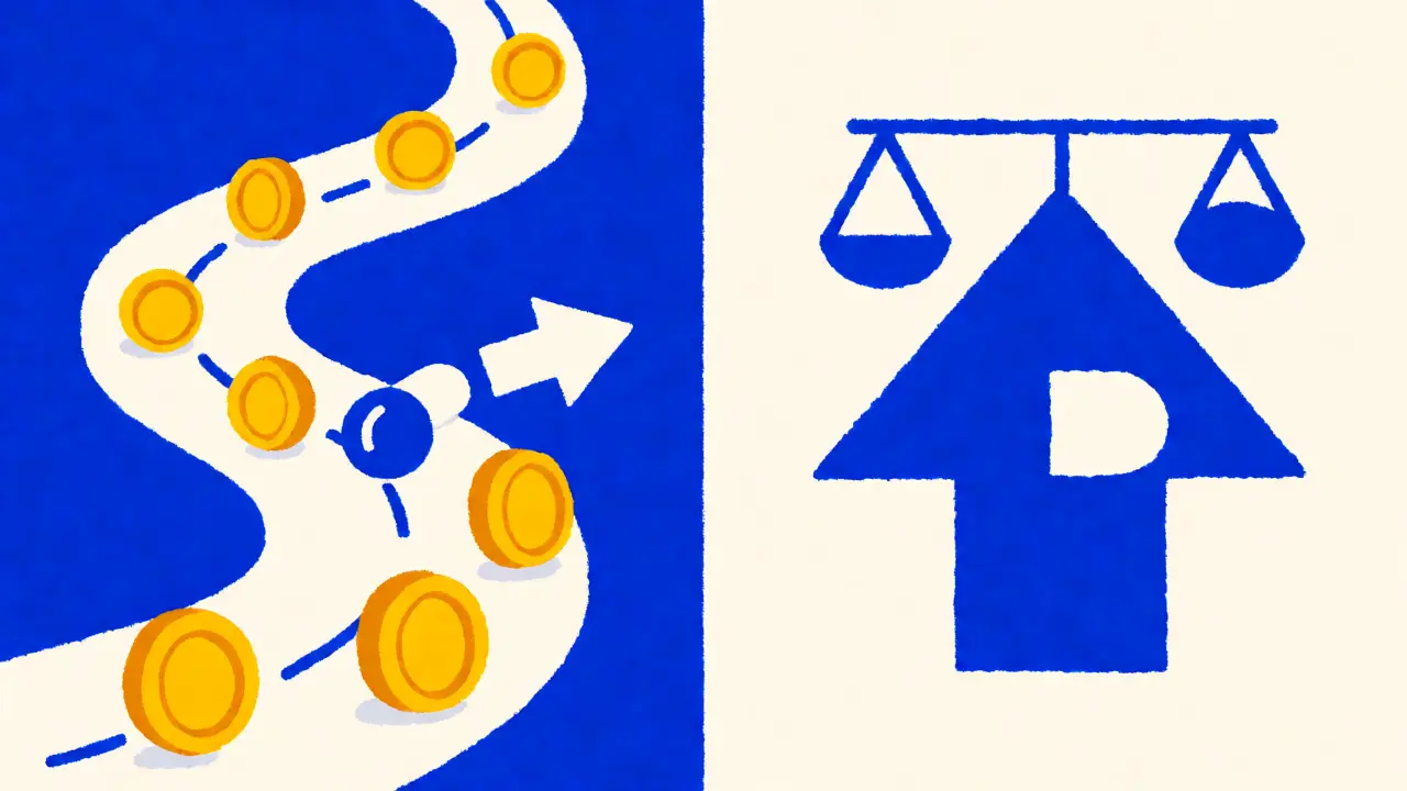 Abstract comparison of expensive vs. cheap paths to the same medication.