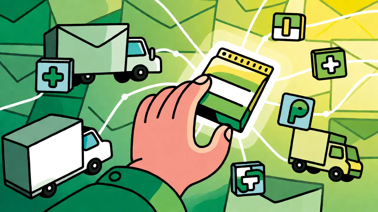 Hand grabbing a delivered medicine package from a digital stream.