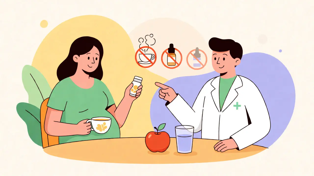 Pregnant woman drinking tea with pharmacist icon and safe food items in a calm setting