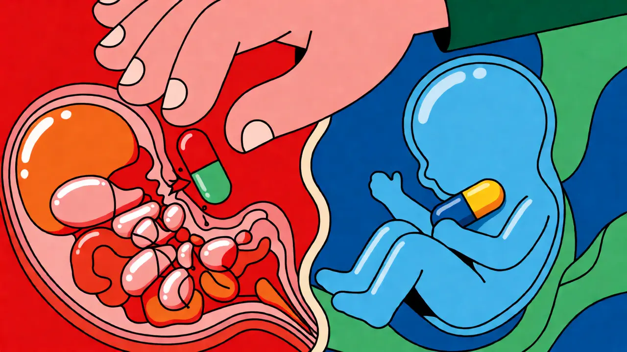 Split illustration showing fragile embryonic organs versus robust fetal growth under falling pills